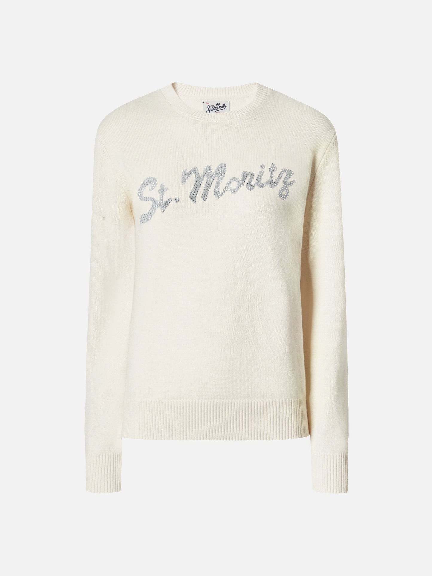 Maglione Louise in cashmere bianco con applicazione St. Moritz in strass