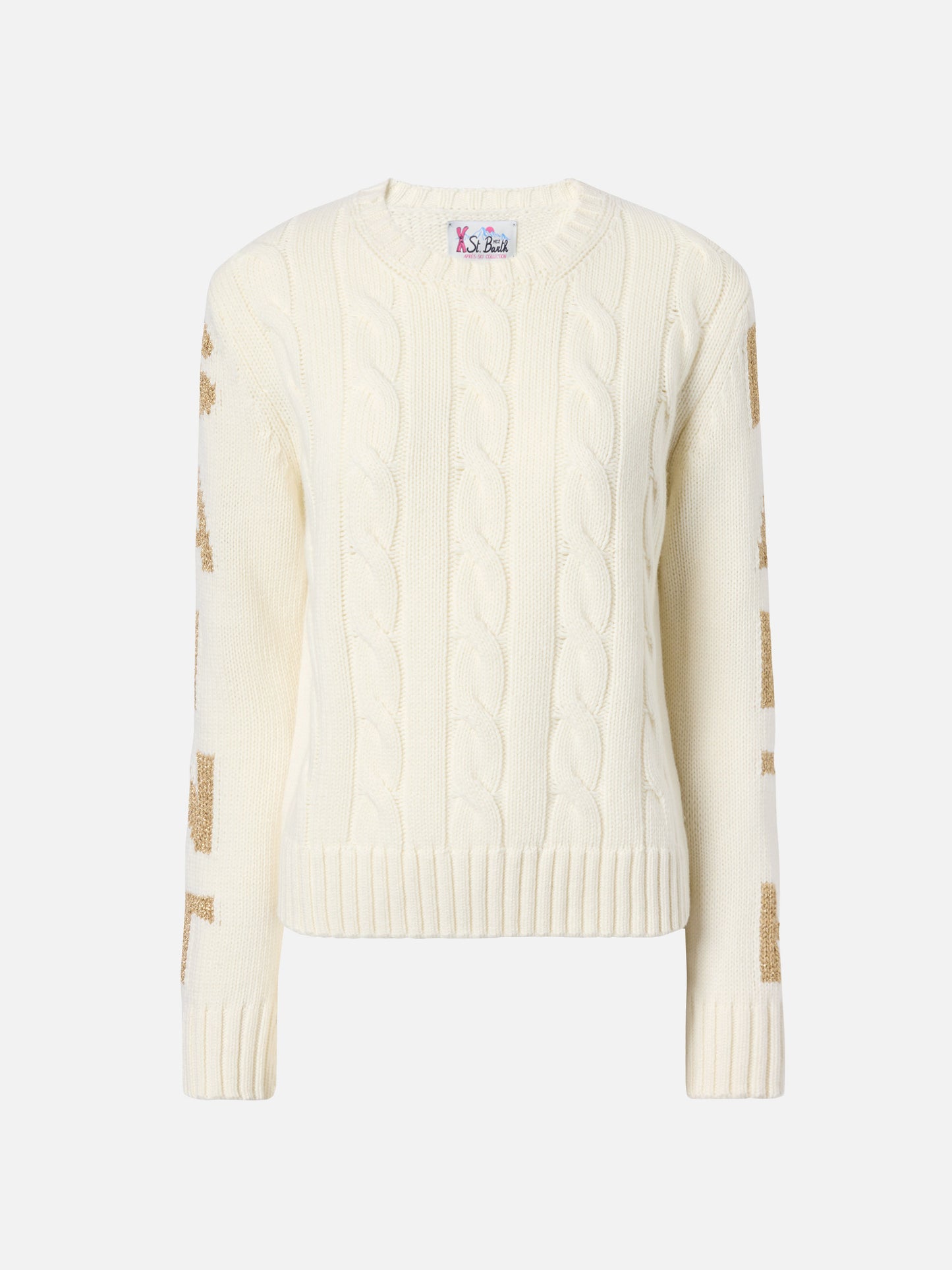 Maglione a trecce Malmo in misto cashmere bianco con jacquard St. Barth sulle maniche