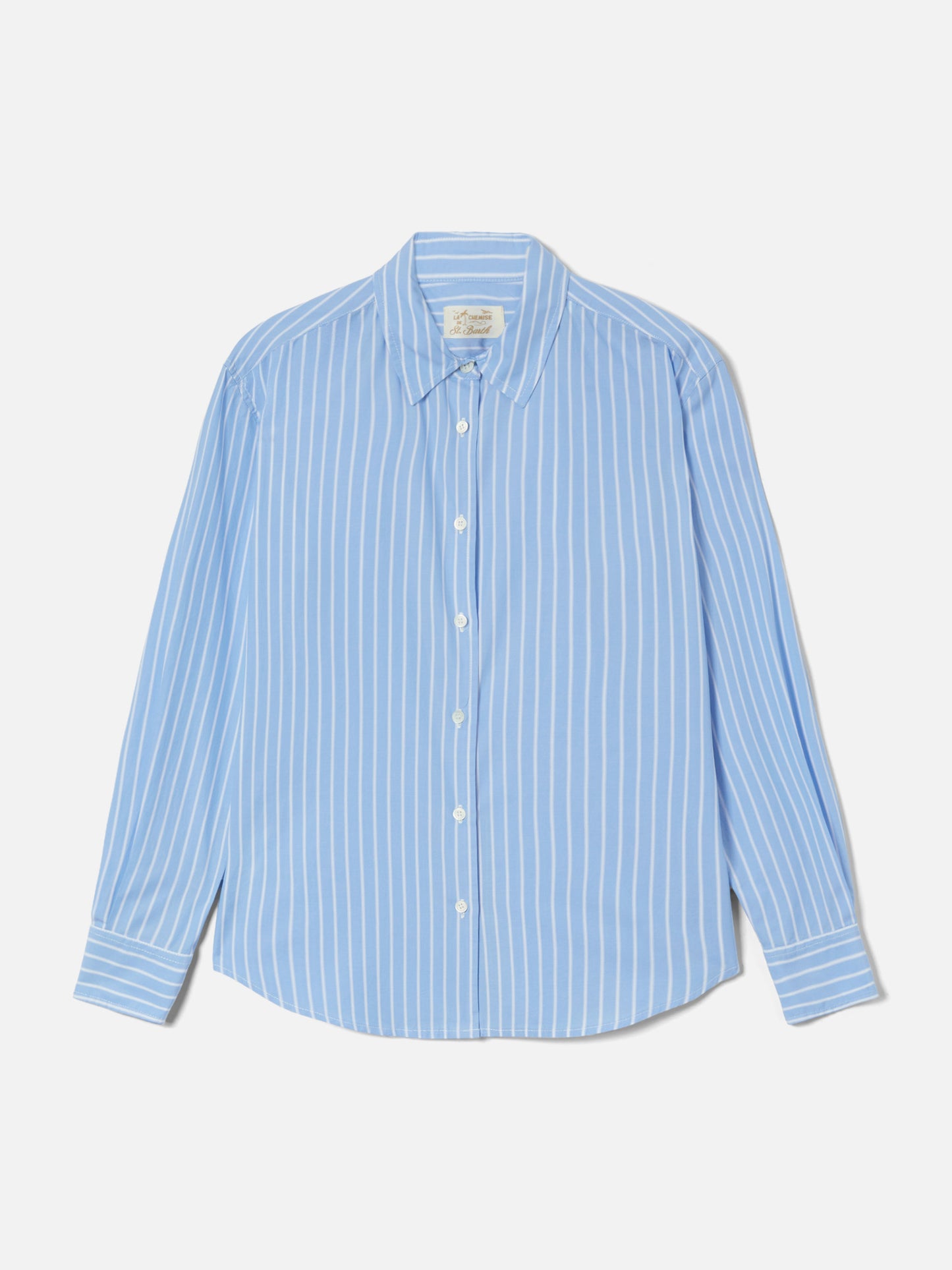 Camisa Meredith de algodón con rayas azul claro y bordado St. Barth Queen