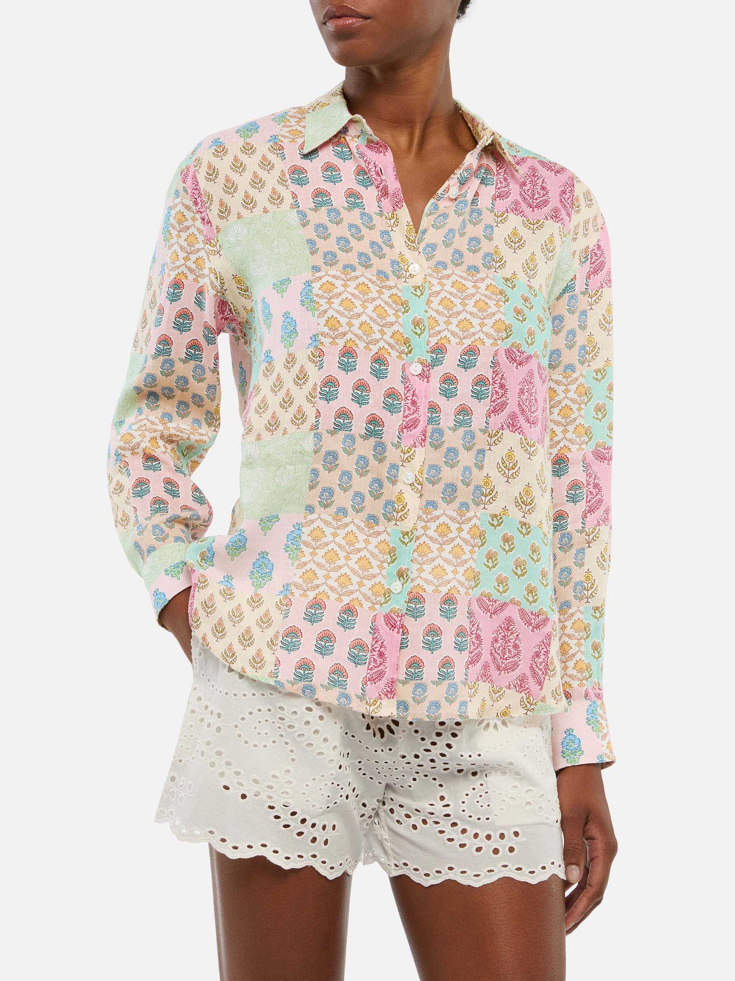 Meredith linen classic shirt with floral patch print
