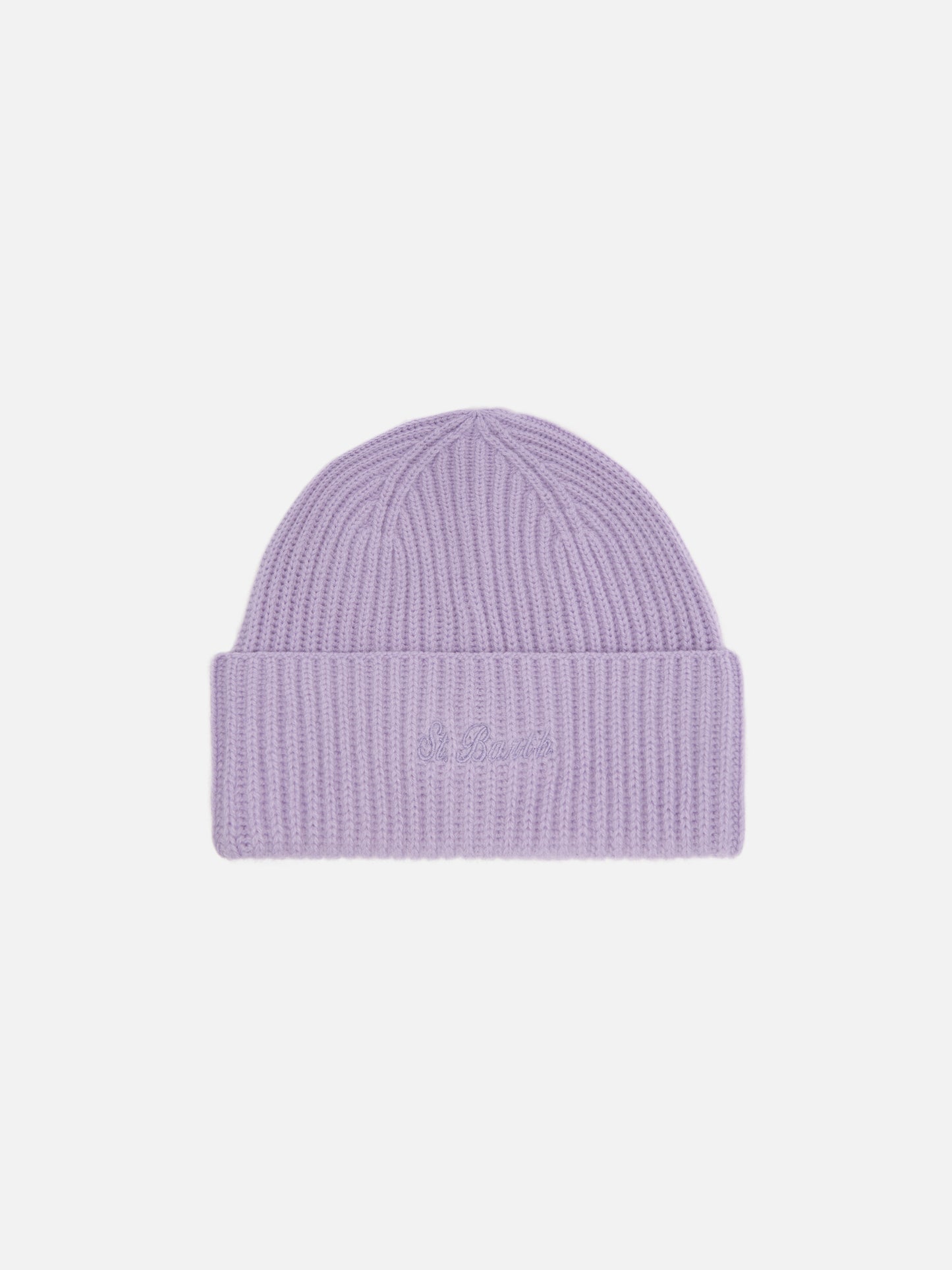 Moss Beanie in lilac ribbed knit with St. Barth embroidery