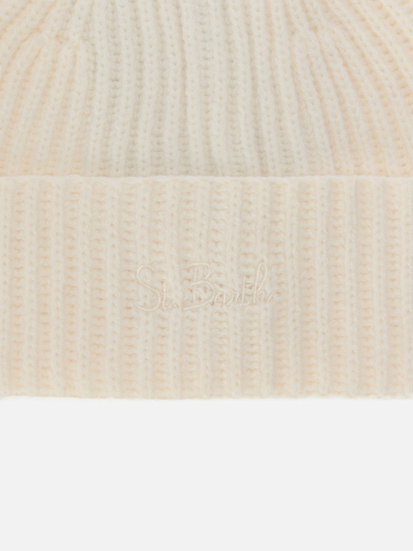 Berretto Moss Jr in maglia bianca a coste con ricamo St. Barth
