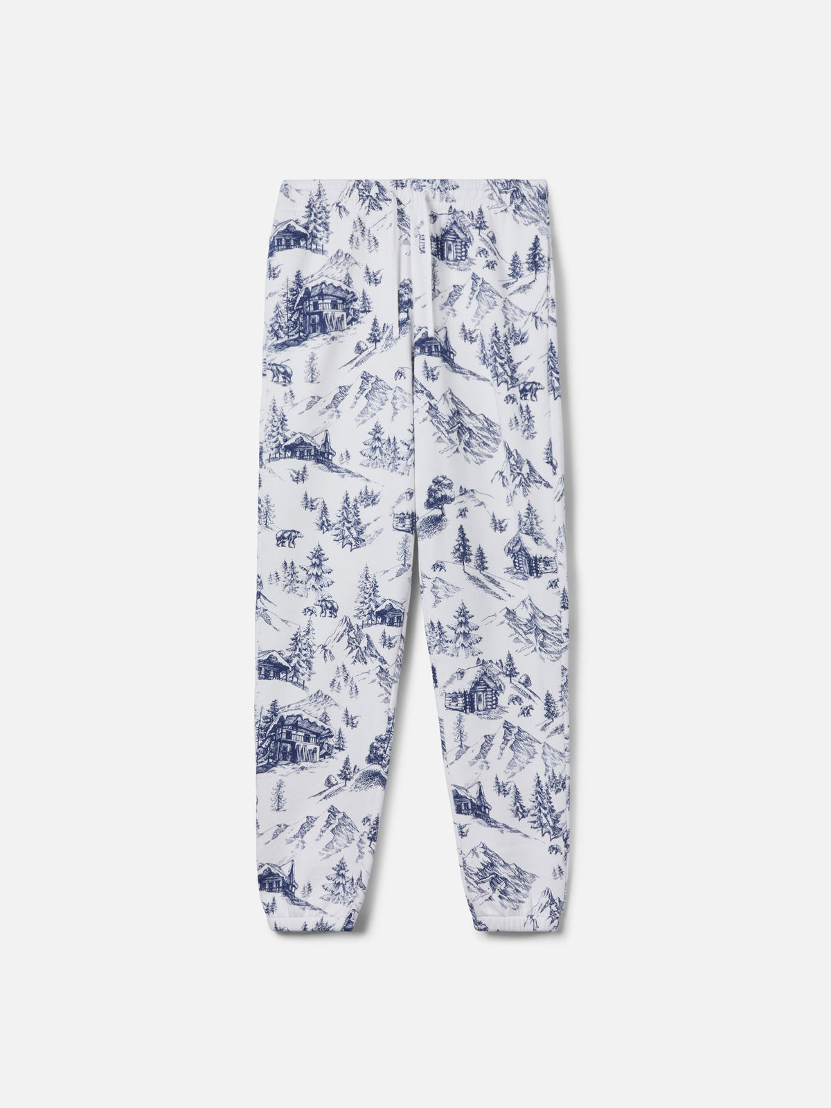 White Odalys jogger pants with Winterland toile de Jouy print