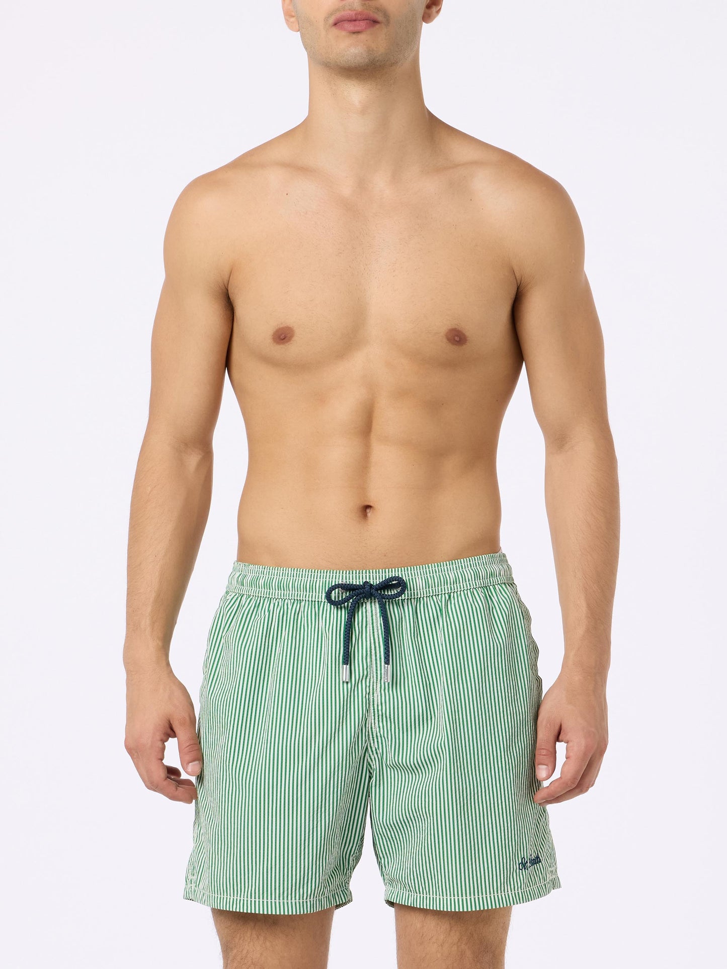 Seersucker green striped classic light swim shorts Patmos - MC2 Saint Barth