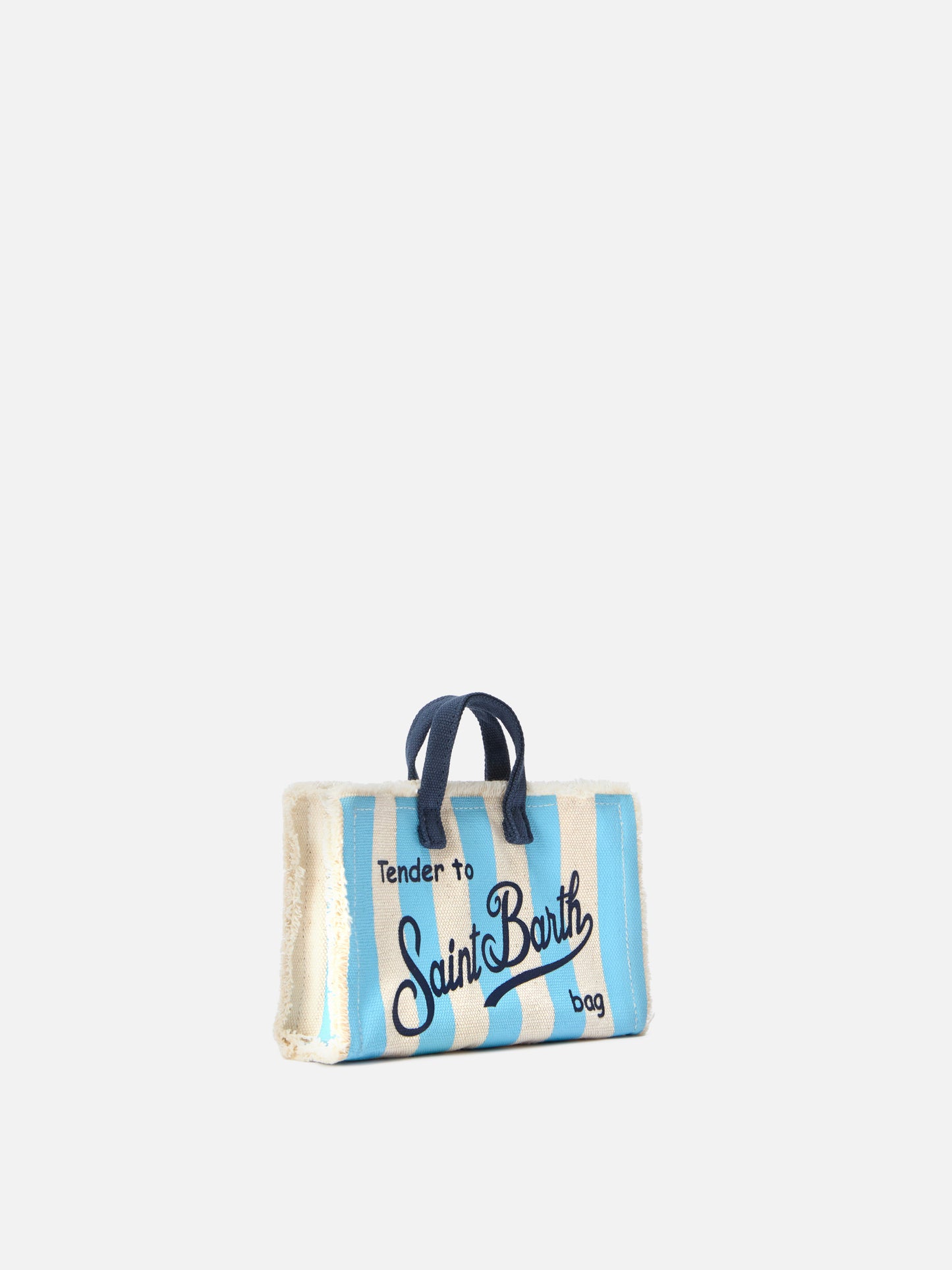 Bolso de lona Micro Phone con rayas blancas y azul claro y logotipo en contraste