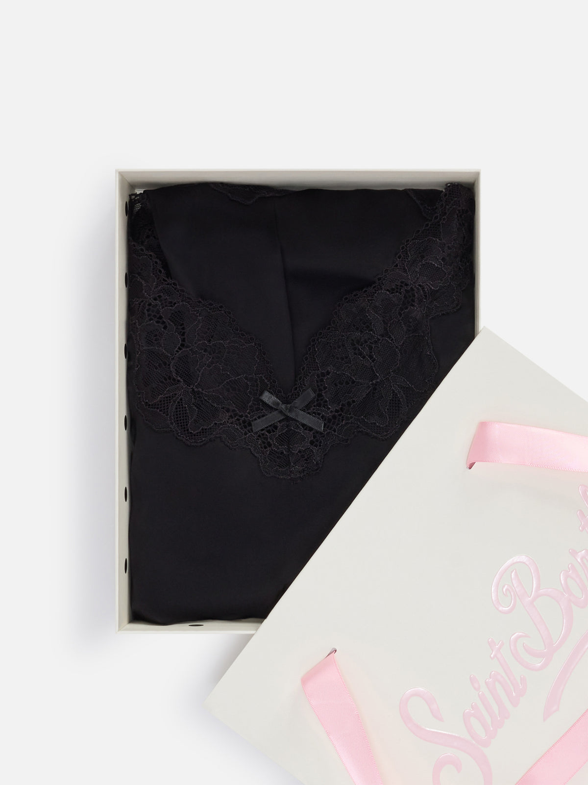 Schwarzes Pilar Oberteil- und Shorts-Set mit Spitze