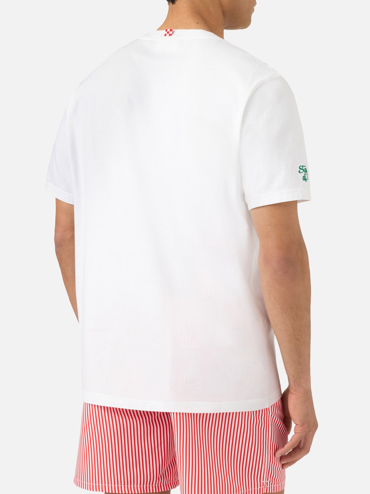 T-shirt Portofino bianca con ricamo Pizza Fredda Birra Calda