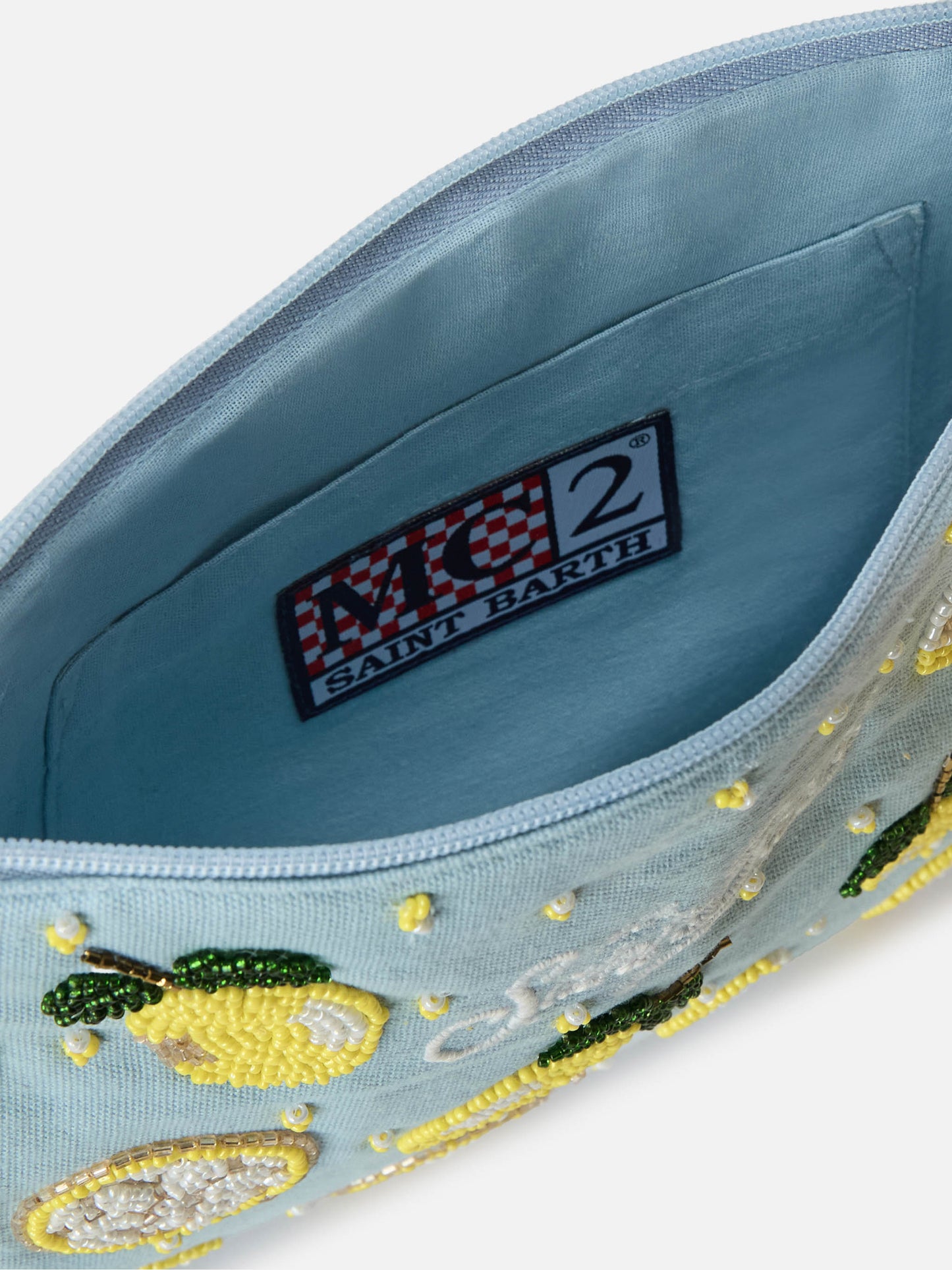 Pochette Pearl bleu clair avec citrons perlés