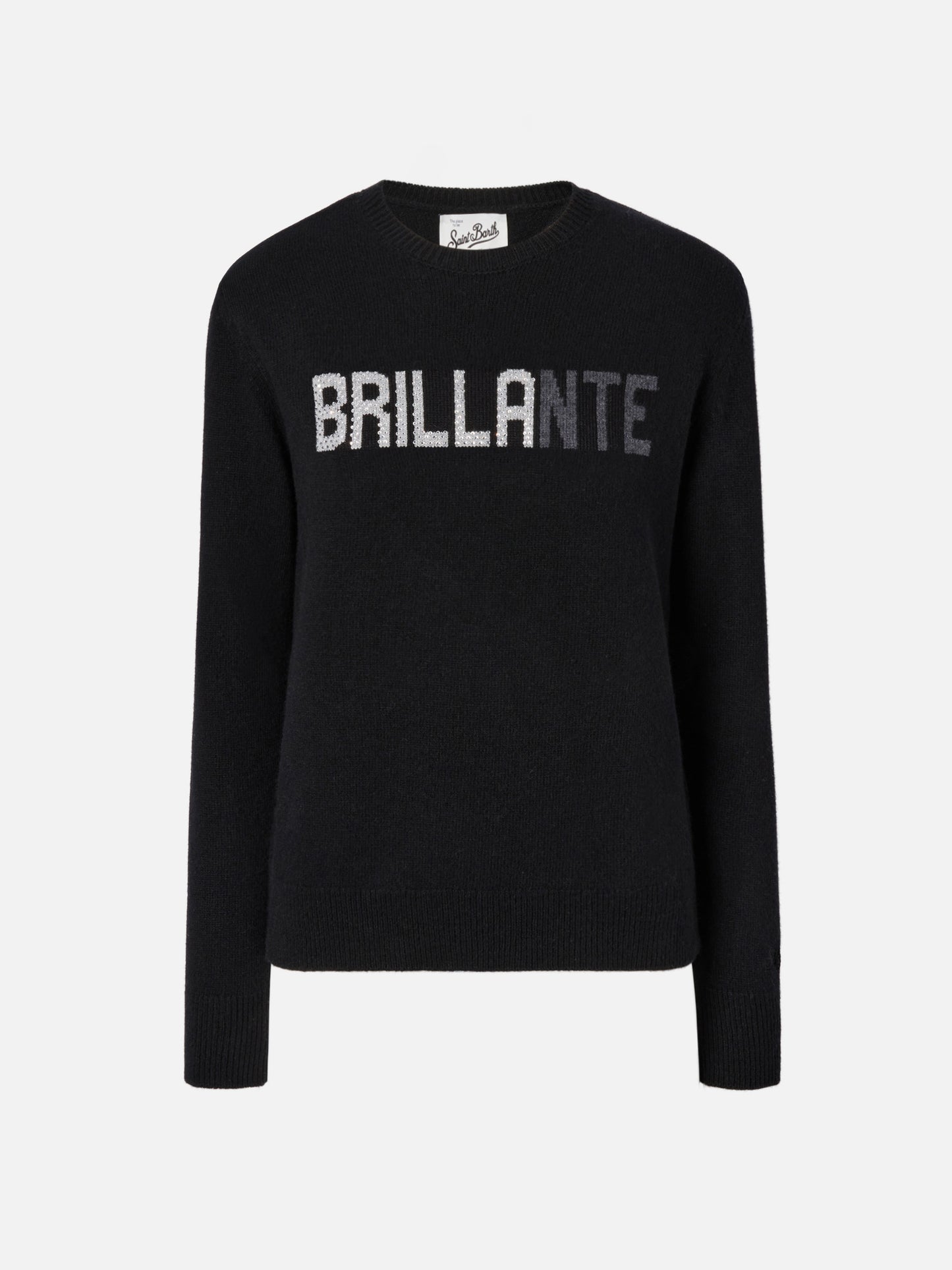 Maglione New Queen in misto cashmere nero con applicazione in strass Brillante