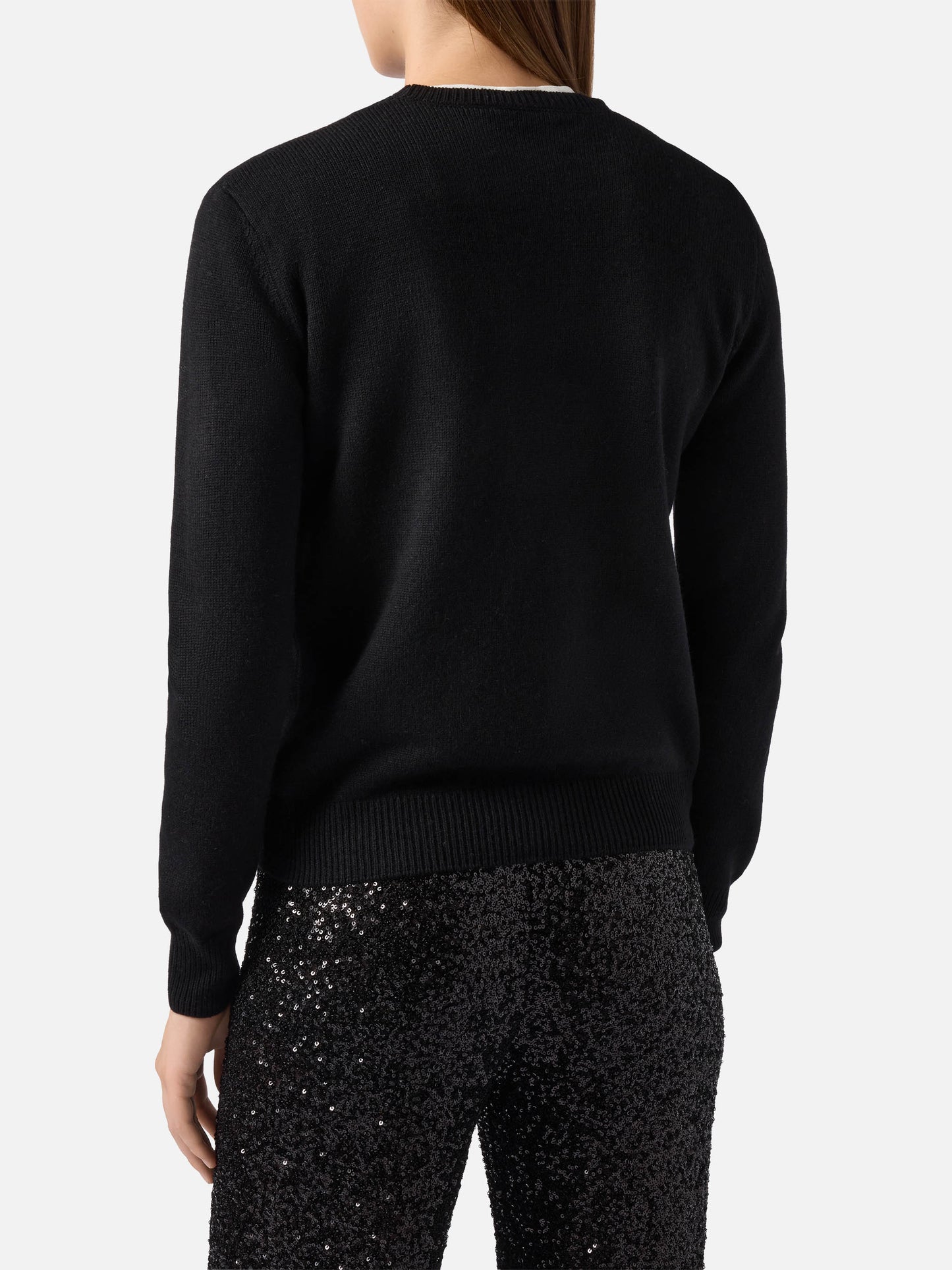 Maglione New Queen in misto cashmere nero con applicazione in strass Brillante