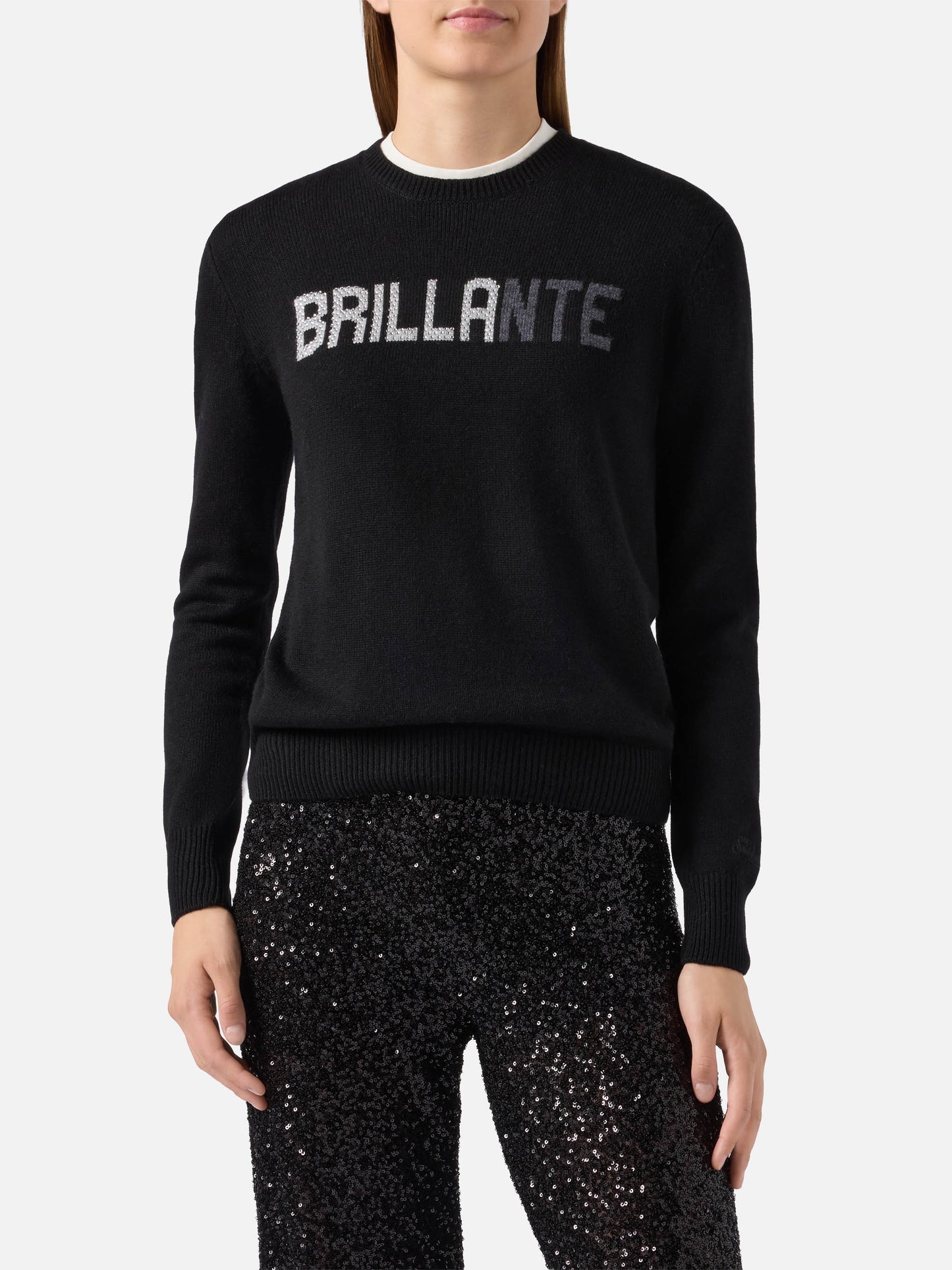 Maglione New Queen in misto cashmere nero con applicazione in strass Brillante