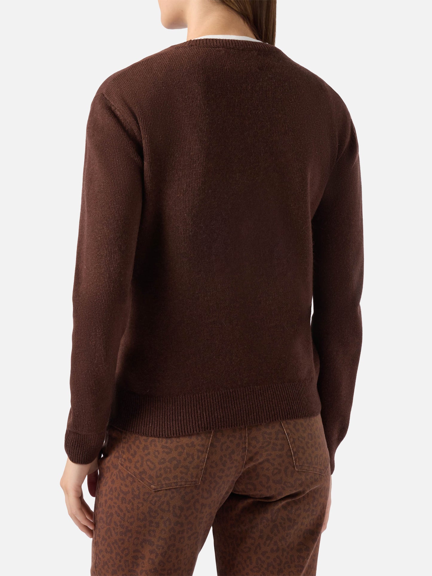 New Queen cashmere-blend sweater in brown with Ho sempre ragione jacquard