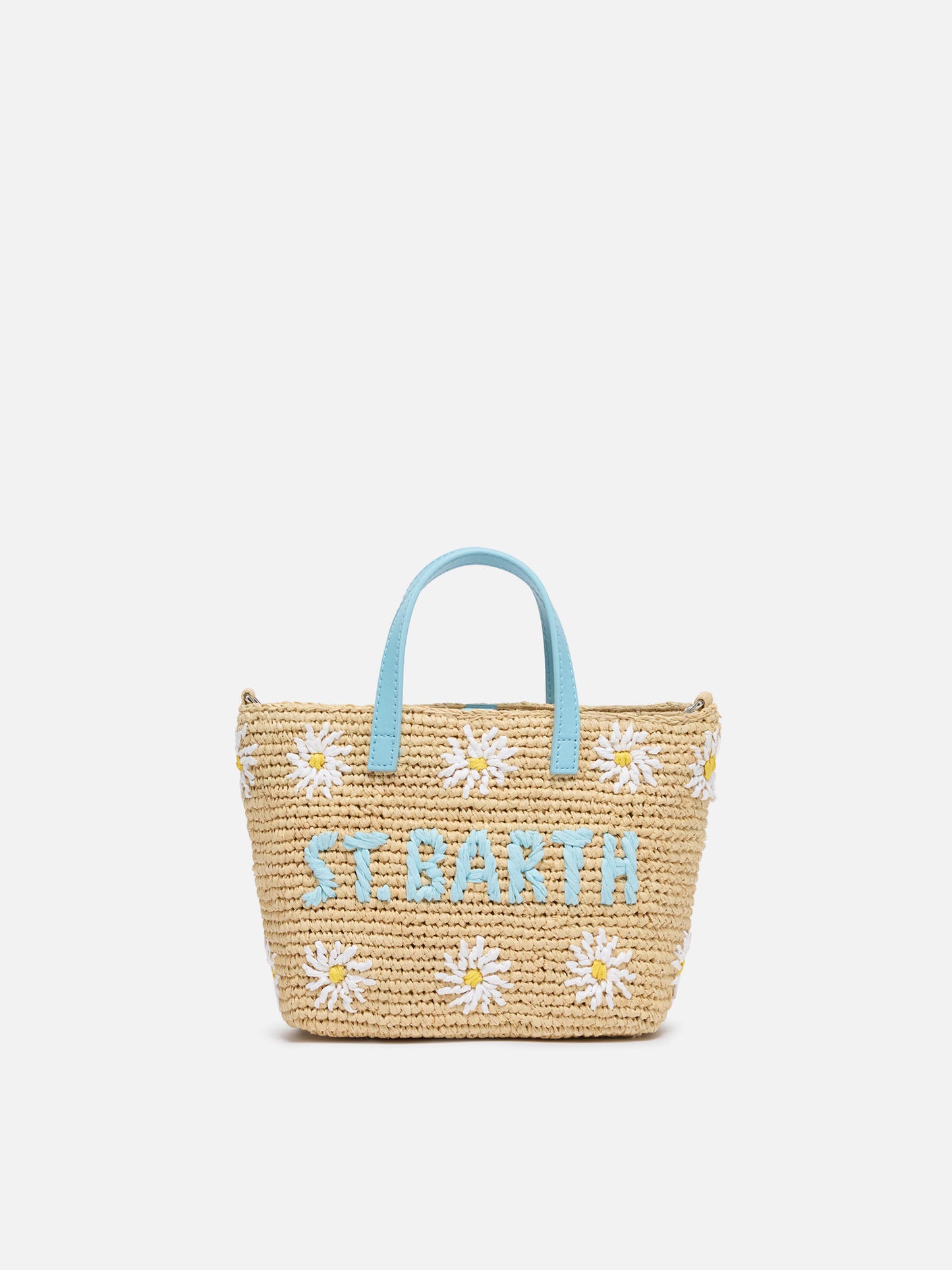 Beige Raffia City Mini-Tasche mit Gänseblümchen-Stickerei