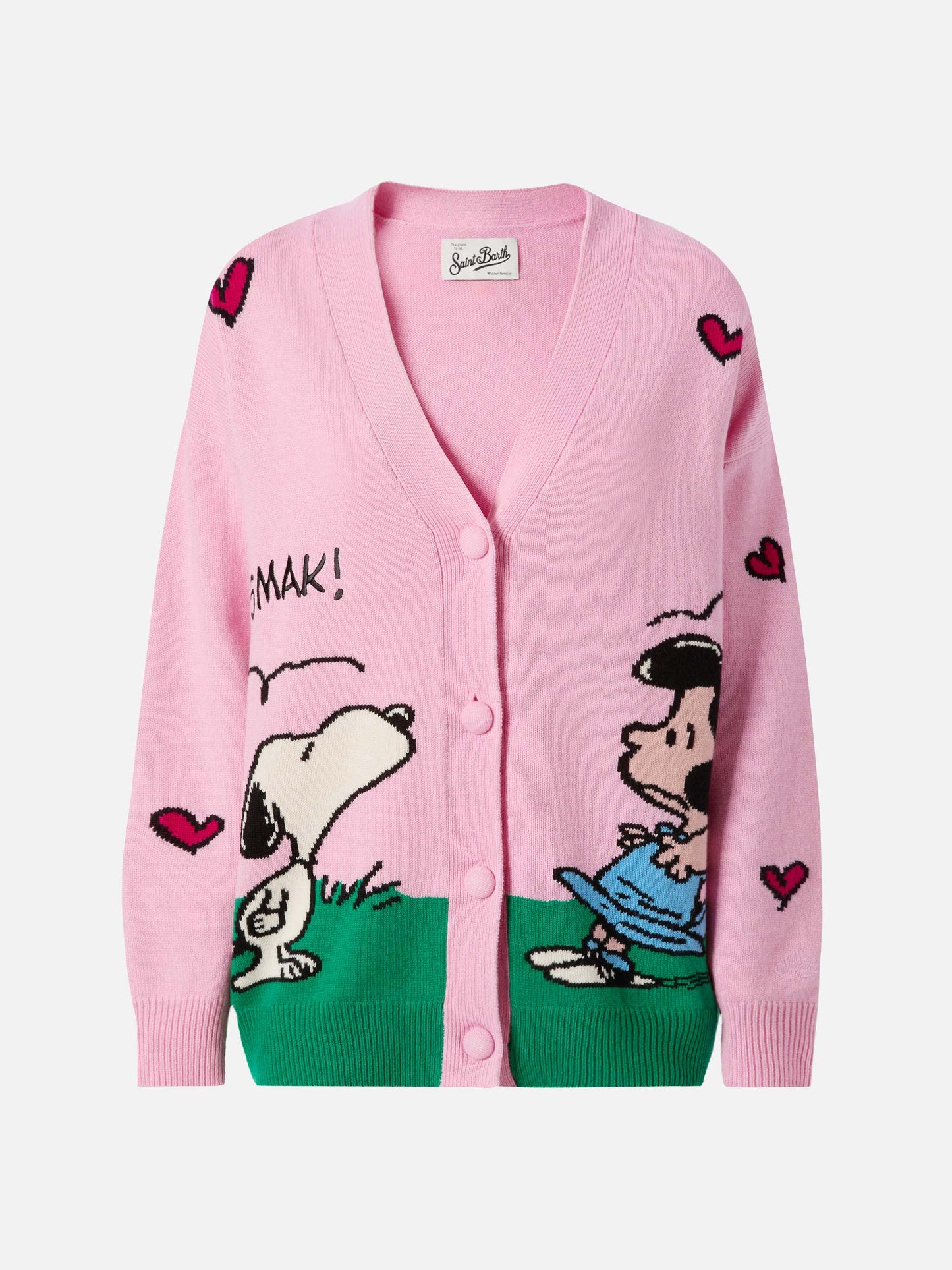 Sasi Strickjacke aus Kaschmir-Mischgewebe in Rosa mit Snoopy-Jacquardmuster | PEANUTS SONDEREDITION