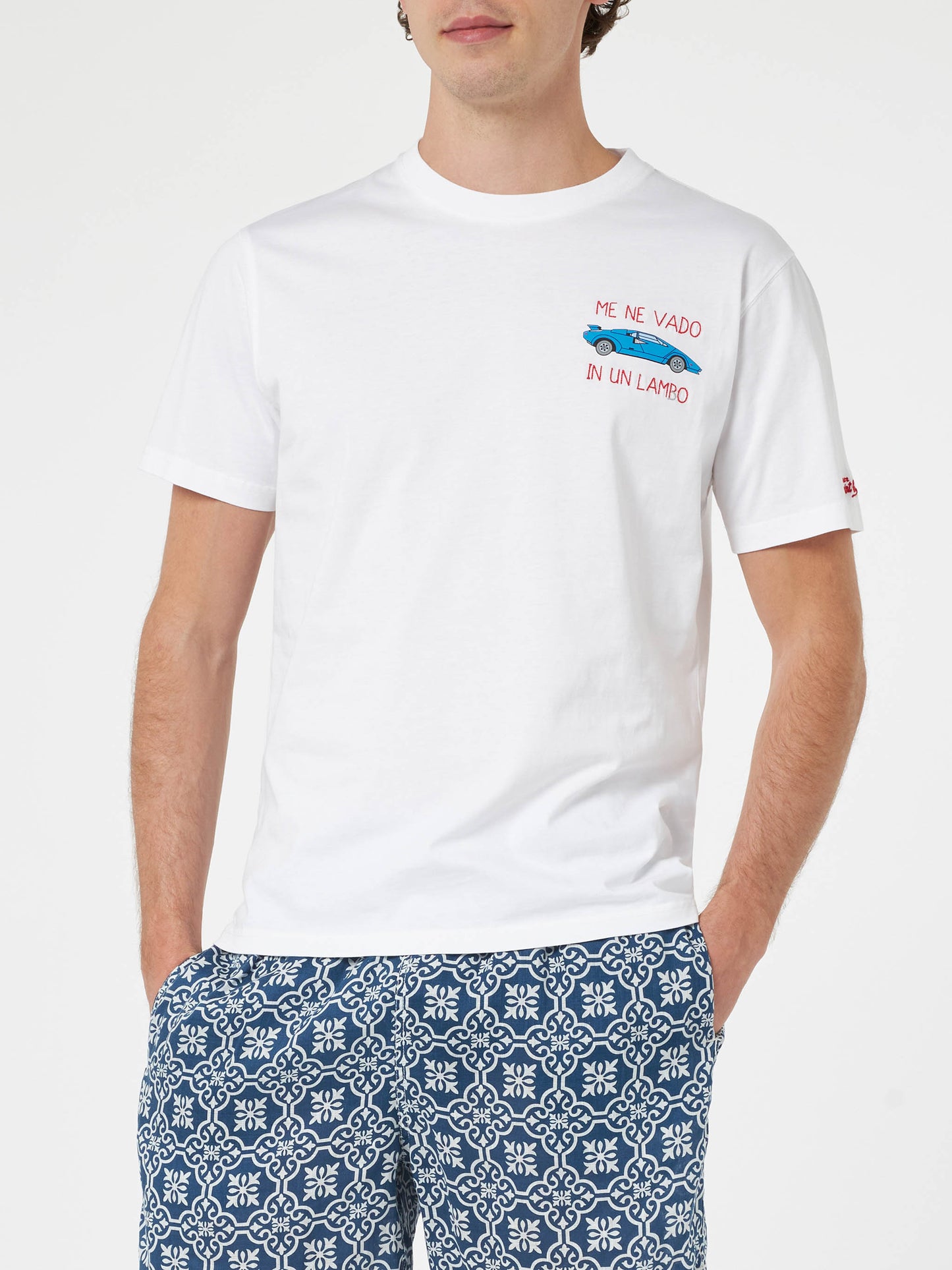 Man cotton t-shirt with Me ne vado in un lambo embroidery and car placed print - MC2 Saint Barth