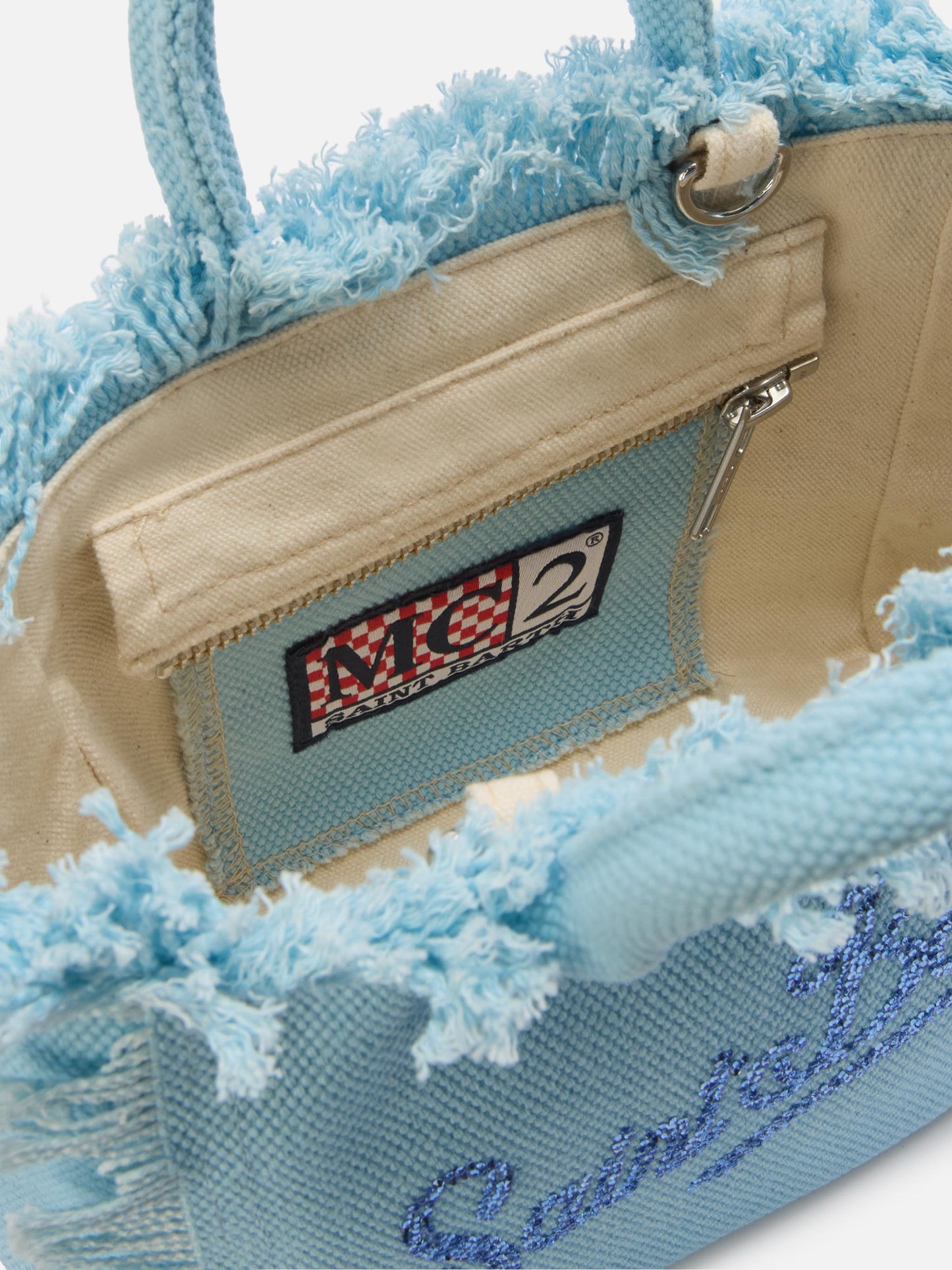Mini bolso Vanity de lona azul claro con logo de strass