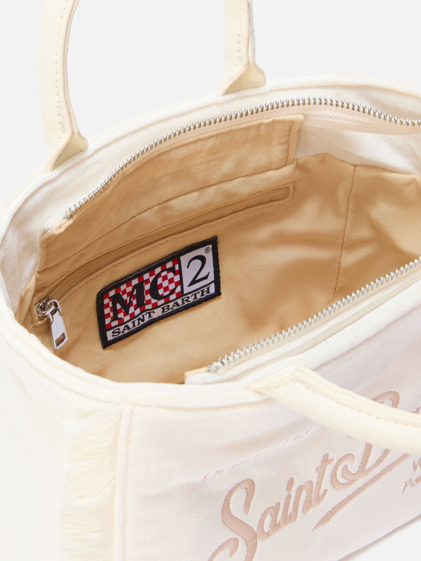 Vanity Mini-Samthandtasche aus weißem Samt und Wildlederimitat