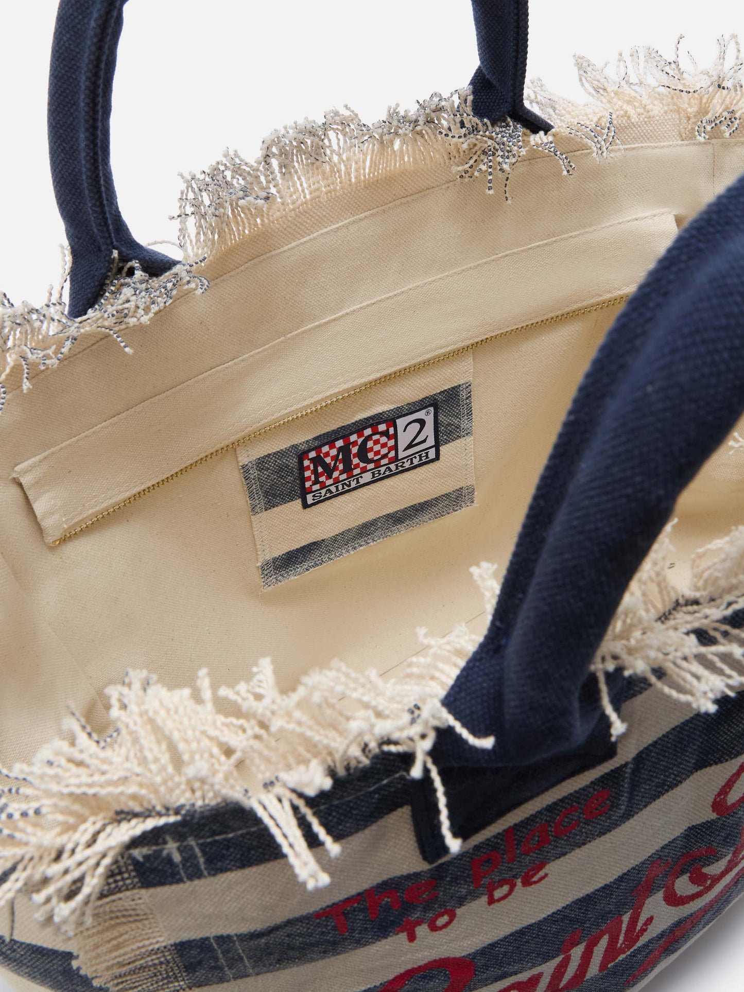 Borsa Vanity regular in canvas a righe orizzontali blu