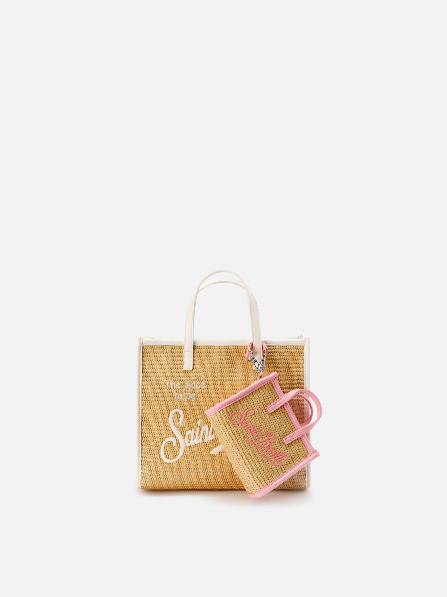 Borsa Vivian micro effetto raffia con logo rosa ricamato