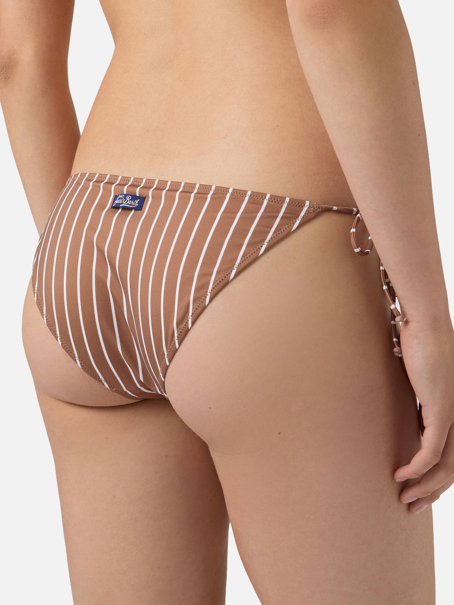 Bas de bikini classique Virgo en tissu stretch à imprimé rayé marron