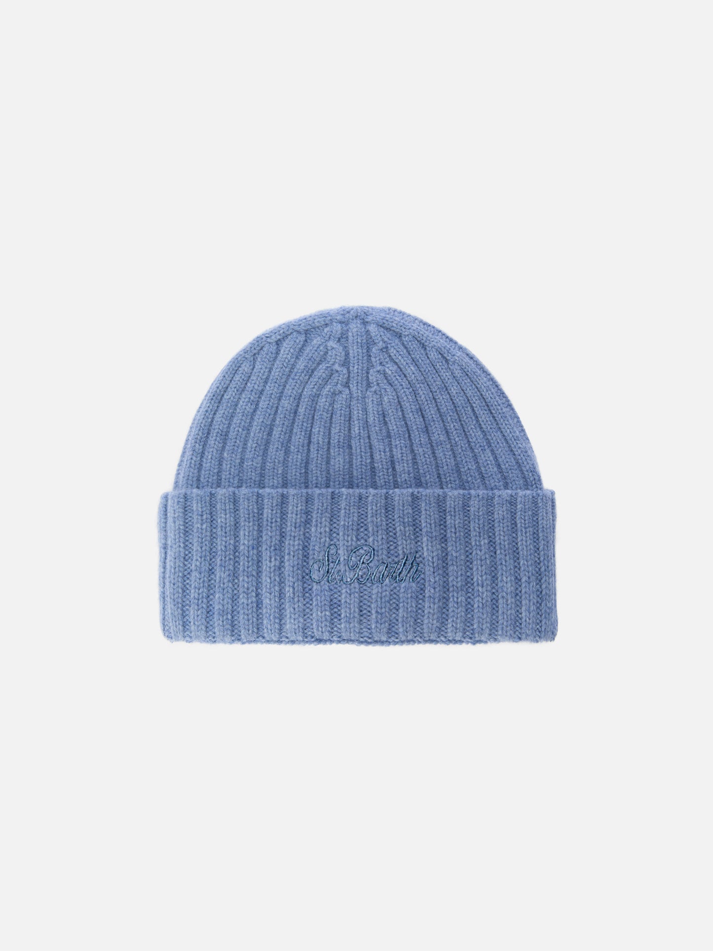 Berretto Wengen in azzurro polvere con ricamo St. Barth sul risvolto