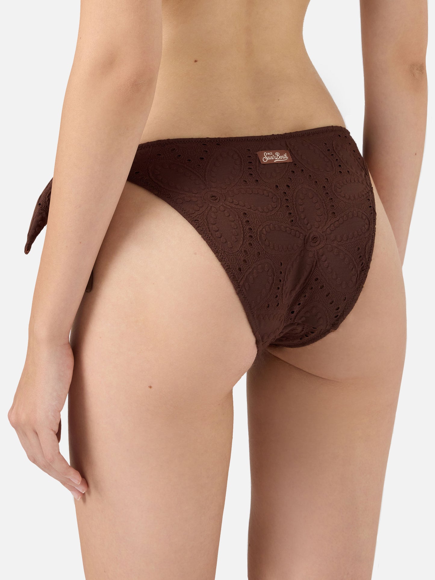 Leda Yali classic triangle bralette bikini in brown sangallo lace