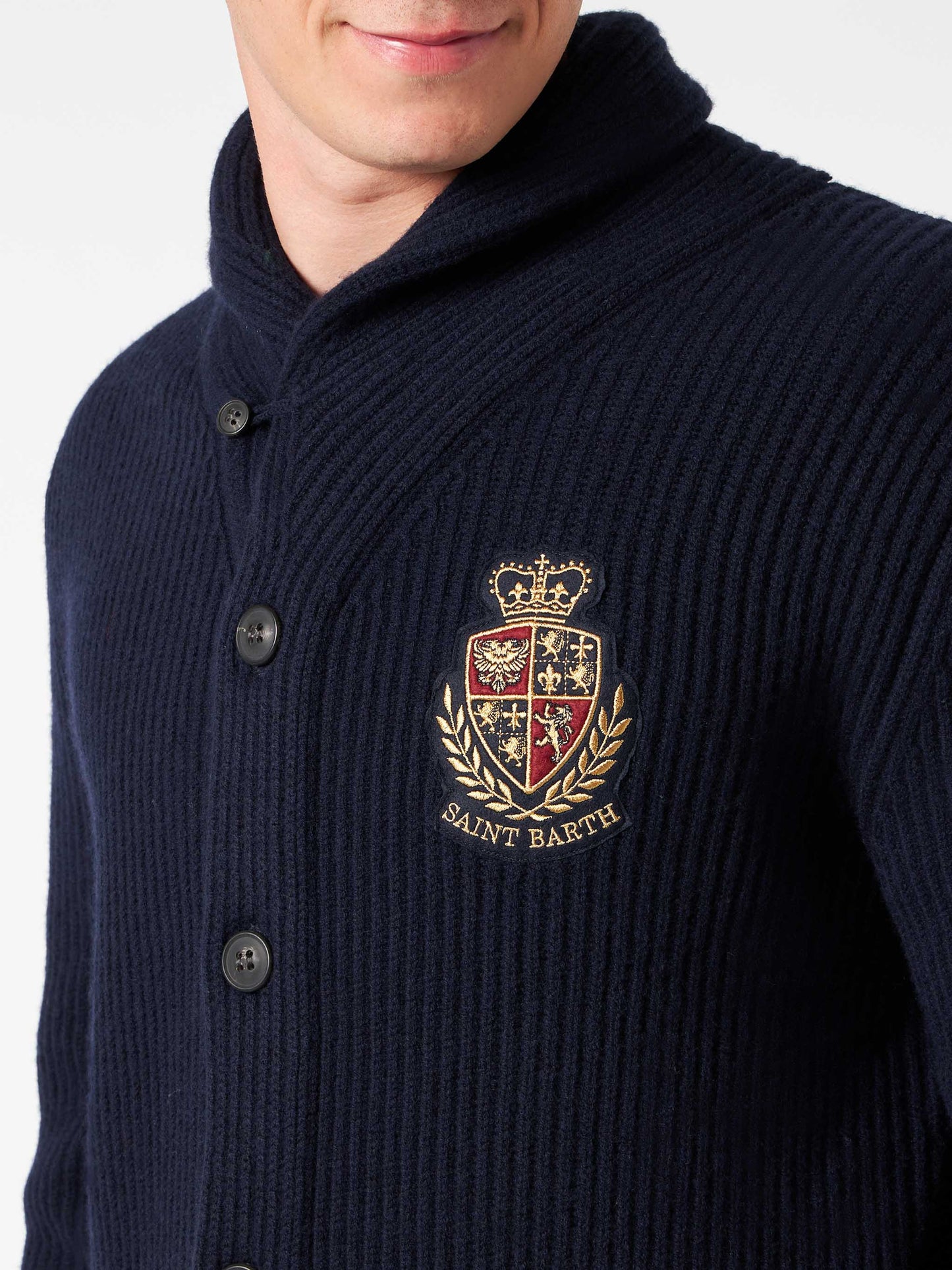 Man shawl collar blue ribbed cardigan with pockets and patch - MC2 Saint Barth