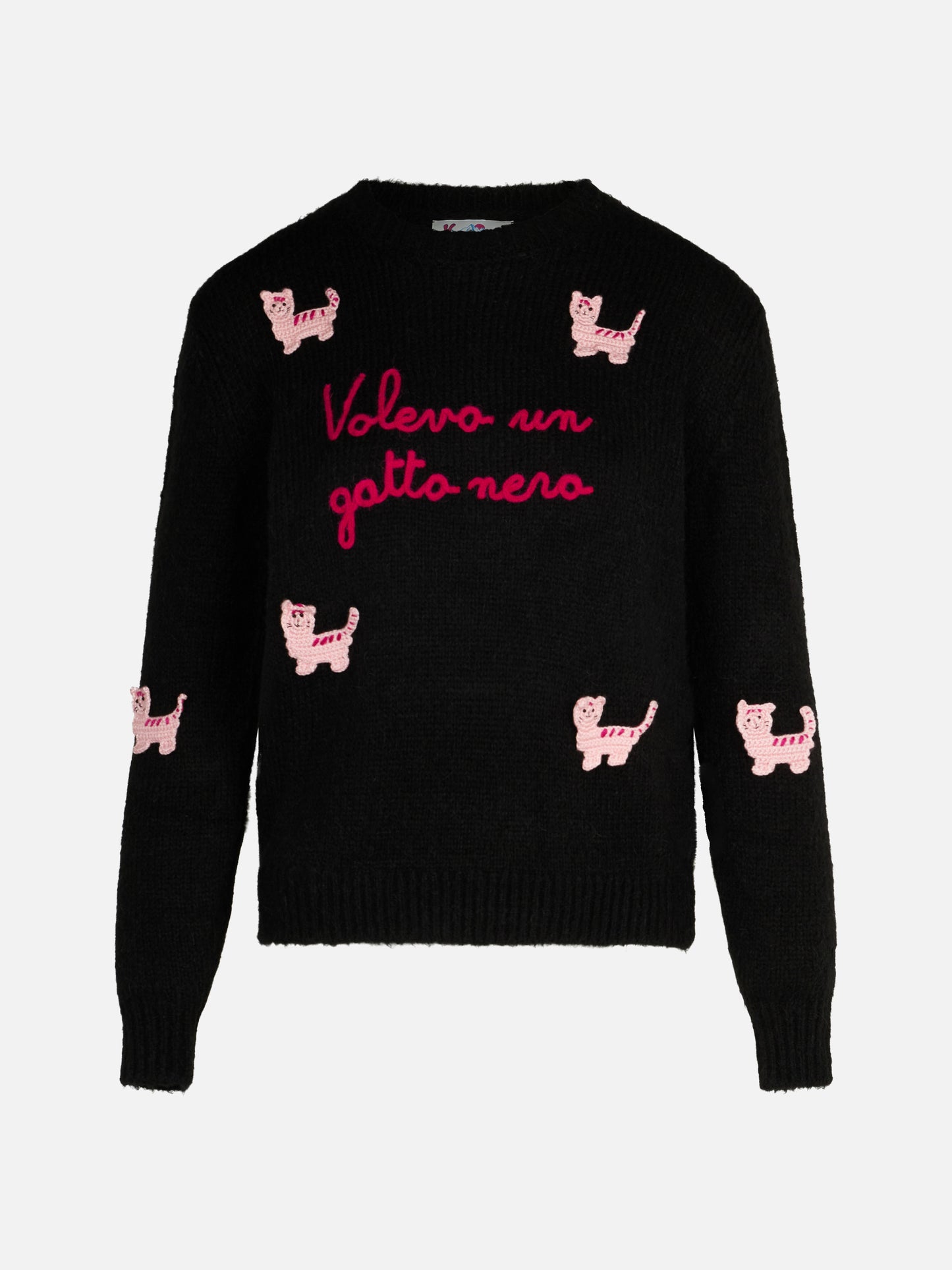 Woman crewneck soft sweater with cats crochet patch and Volevo un Gatto Nero embroidery - MC2 Saint Barth