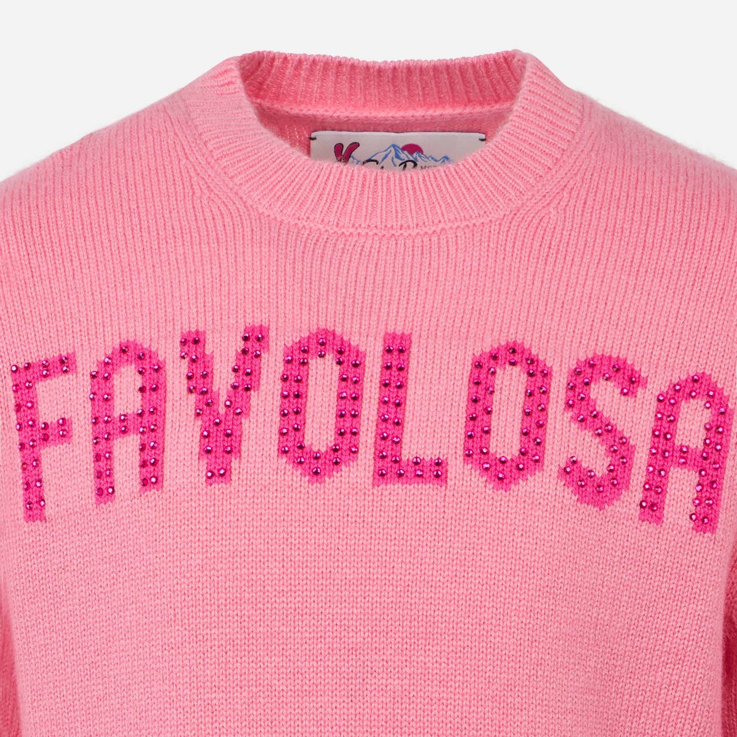 Girl crewneck pink sweater with Favolosa rhinestones print - MC2 Saint Barth