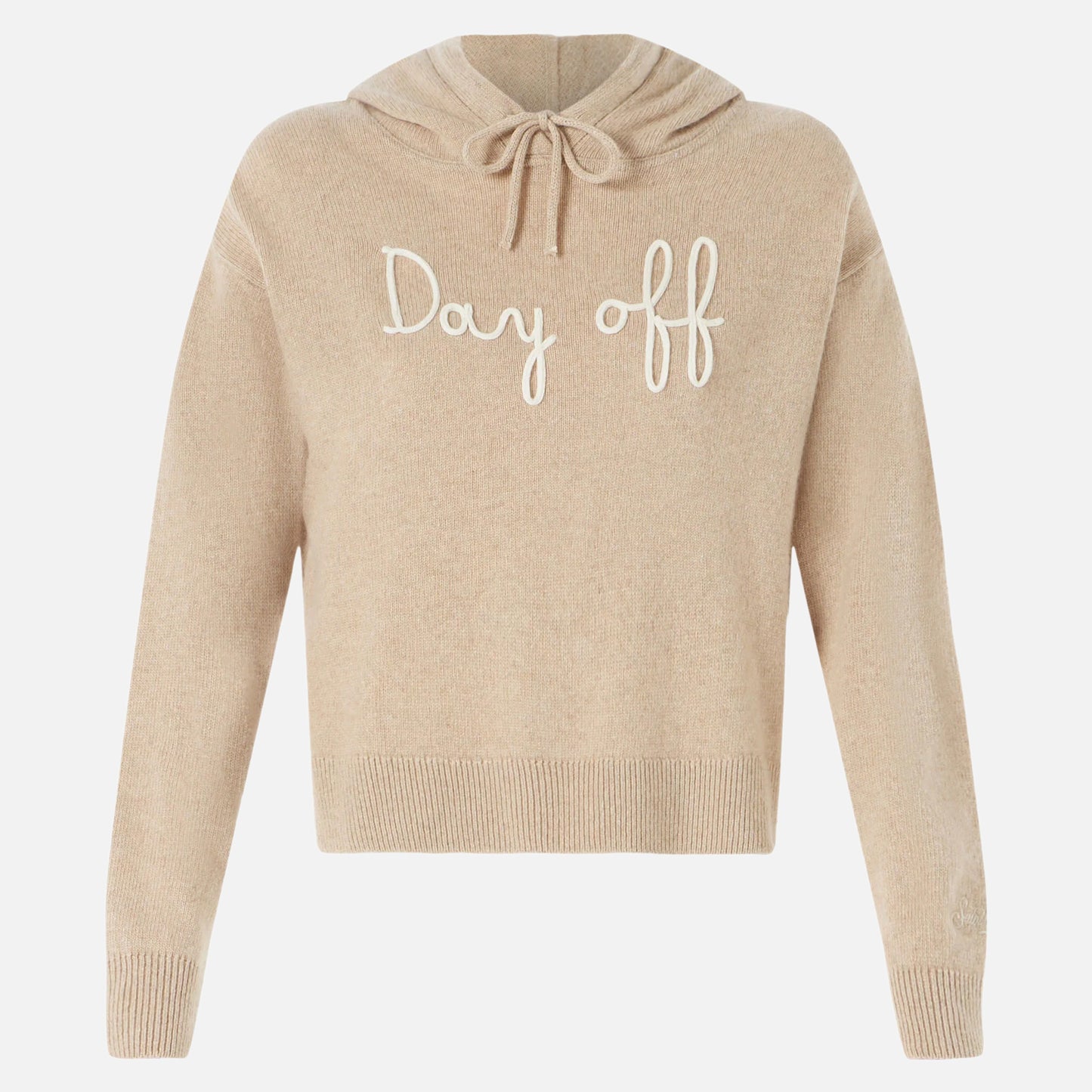 Kurz geschnittener Damen-Kapuzenpullover aus Strick mit „Day Off“-Stickerei