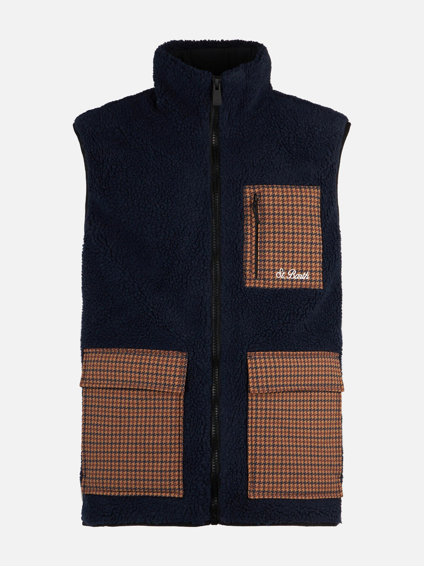 Man blue sherpa vest jacket with check patch pockets - MC2 Saint Barth