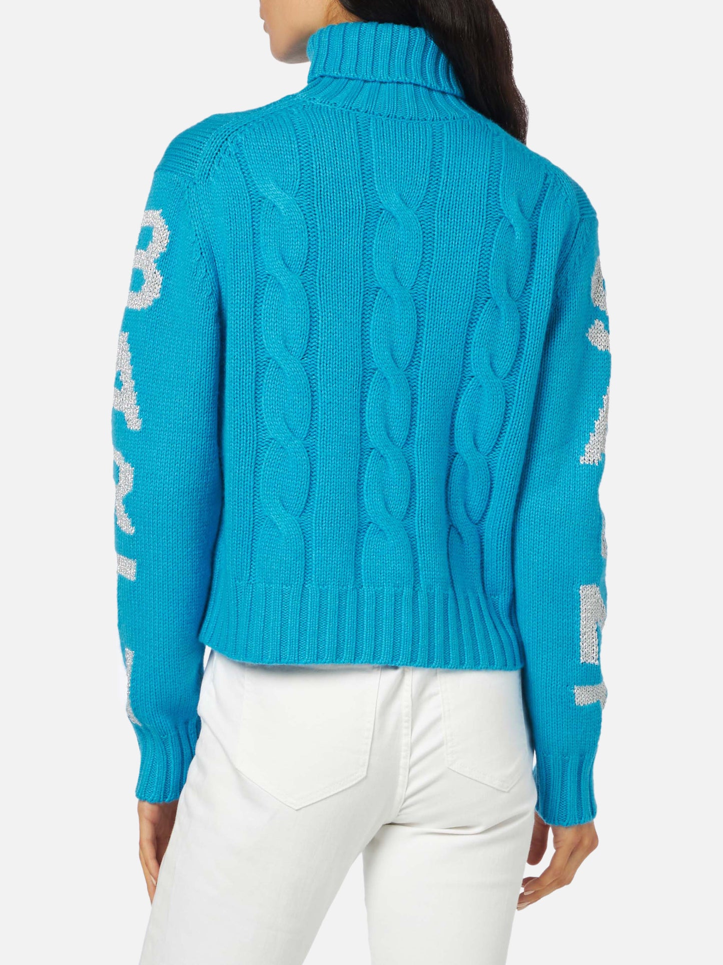 Woman turtleneck braided sweater with Saint Barth jacquard