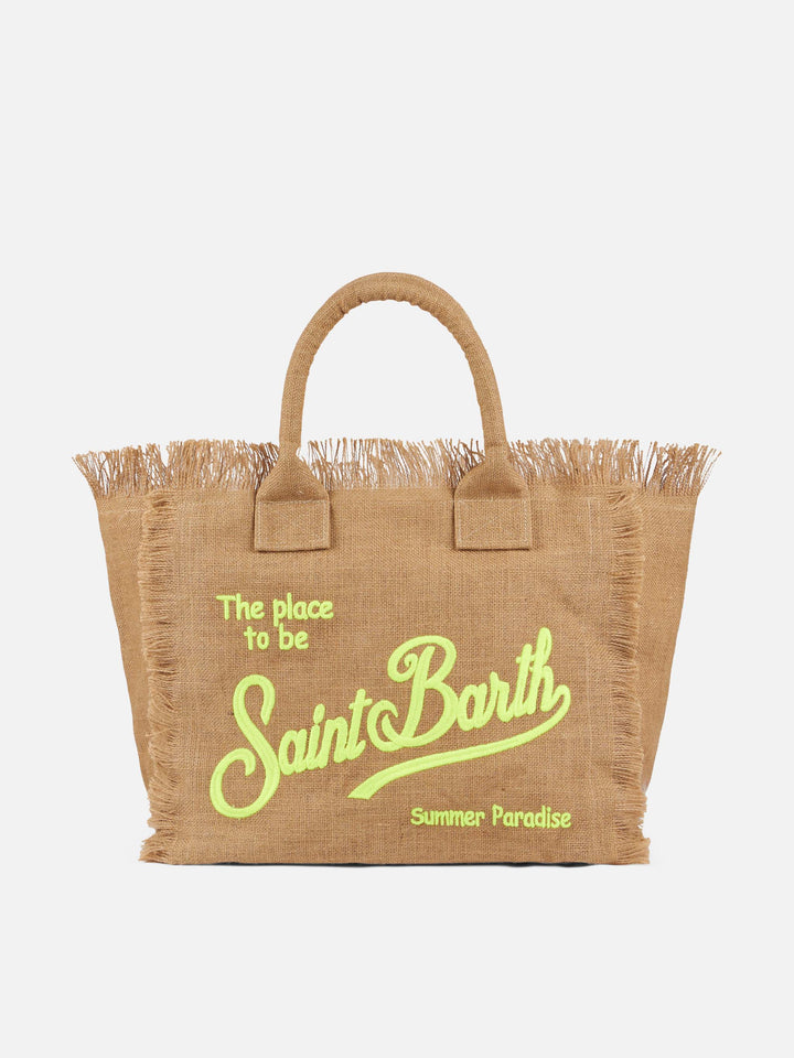 Borsa a spalla Vanity in juta naturale con logo ricamato