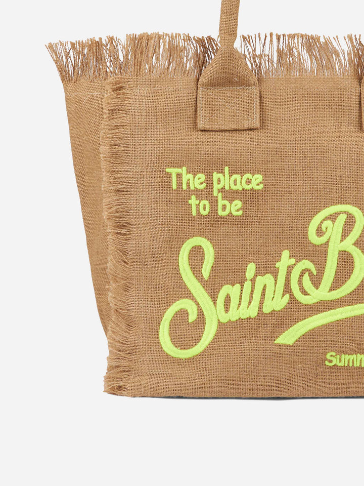 Borsa a spalla Vanity in juta naturale con logo ricamato