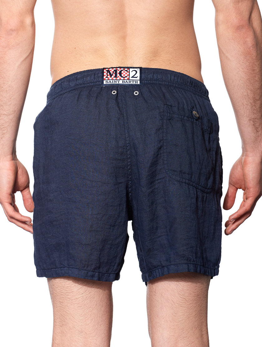 Solid blue mid-length linen swim shorts - MC2 Saint Barth