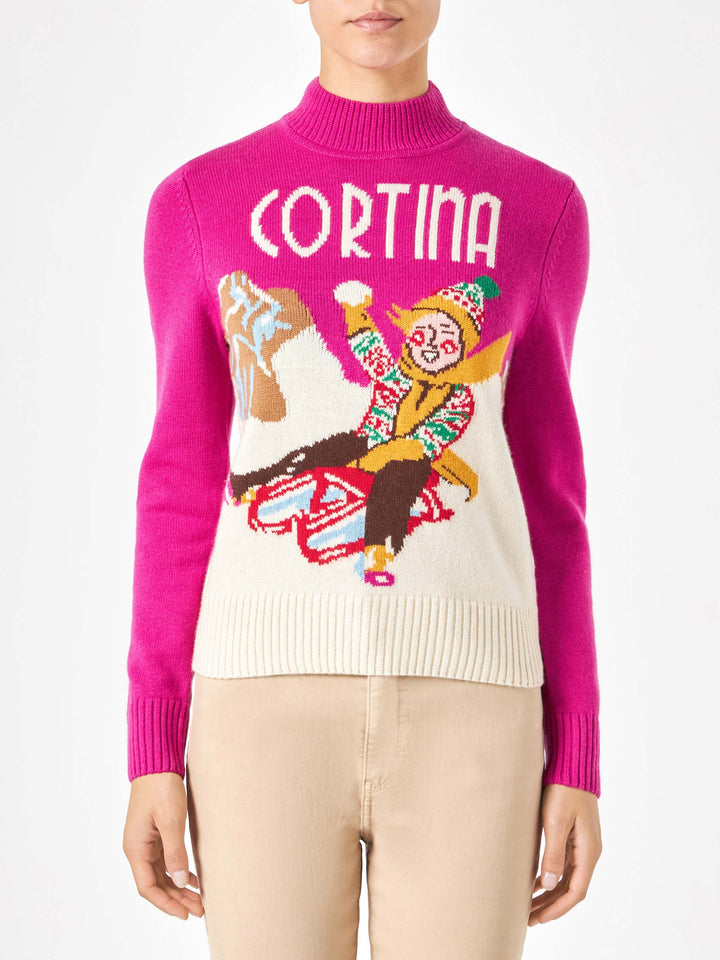 Woman crewneck sweater with Cortina postcard - MC2 Saint Barth