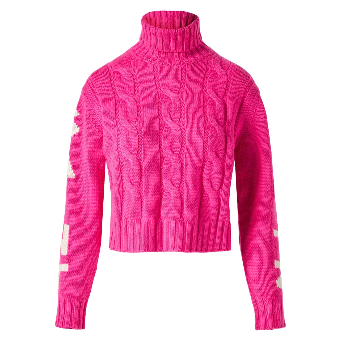 Maglia da donna intrecciata dolcevita rosa fluo