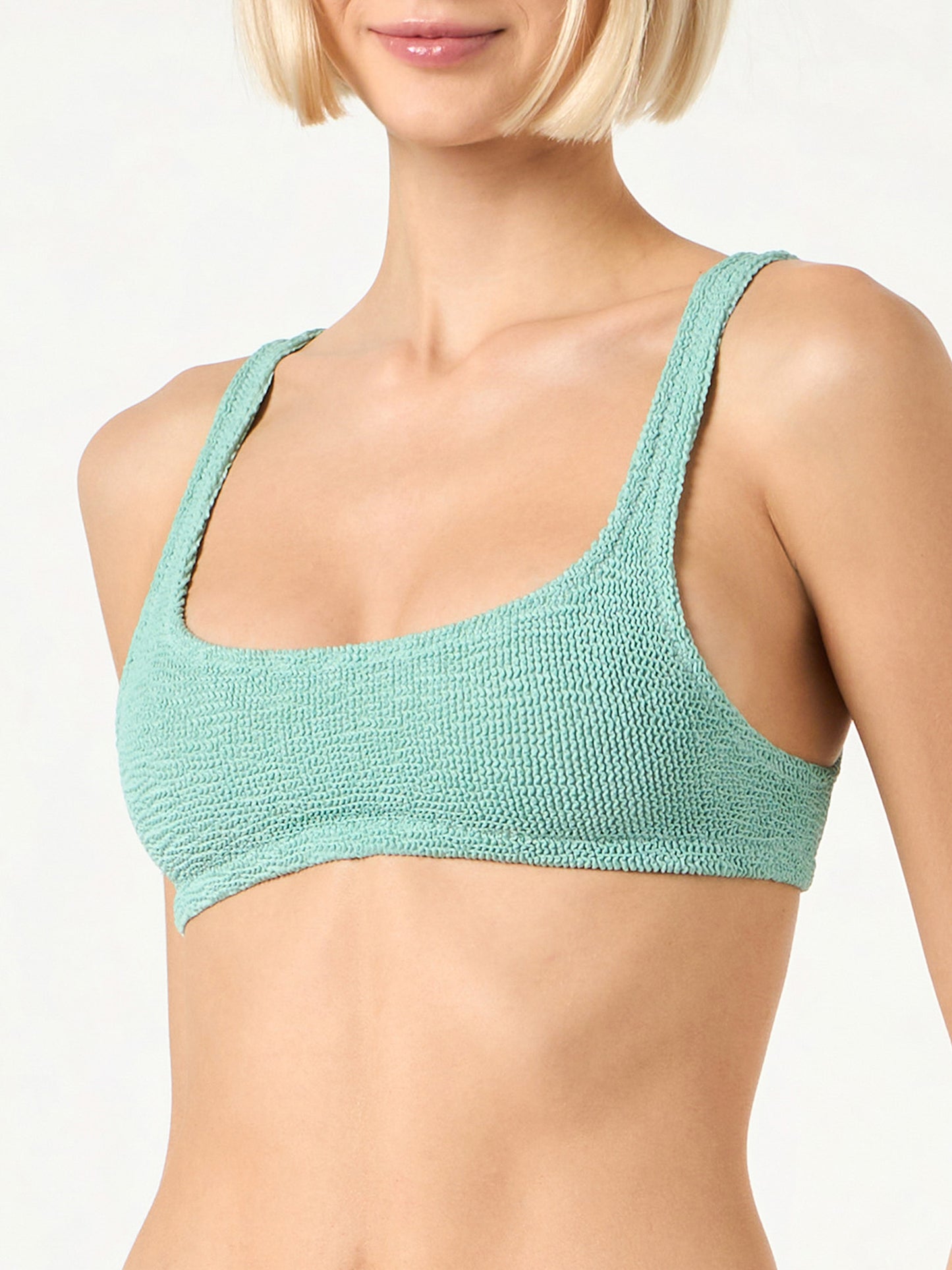 Salbeifarbener Damen-Badeanzug mit Bralette-Oberteil in Crinkle-Optik