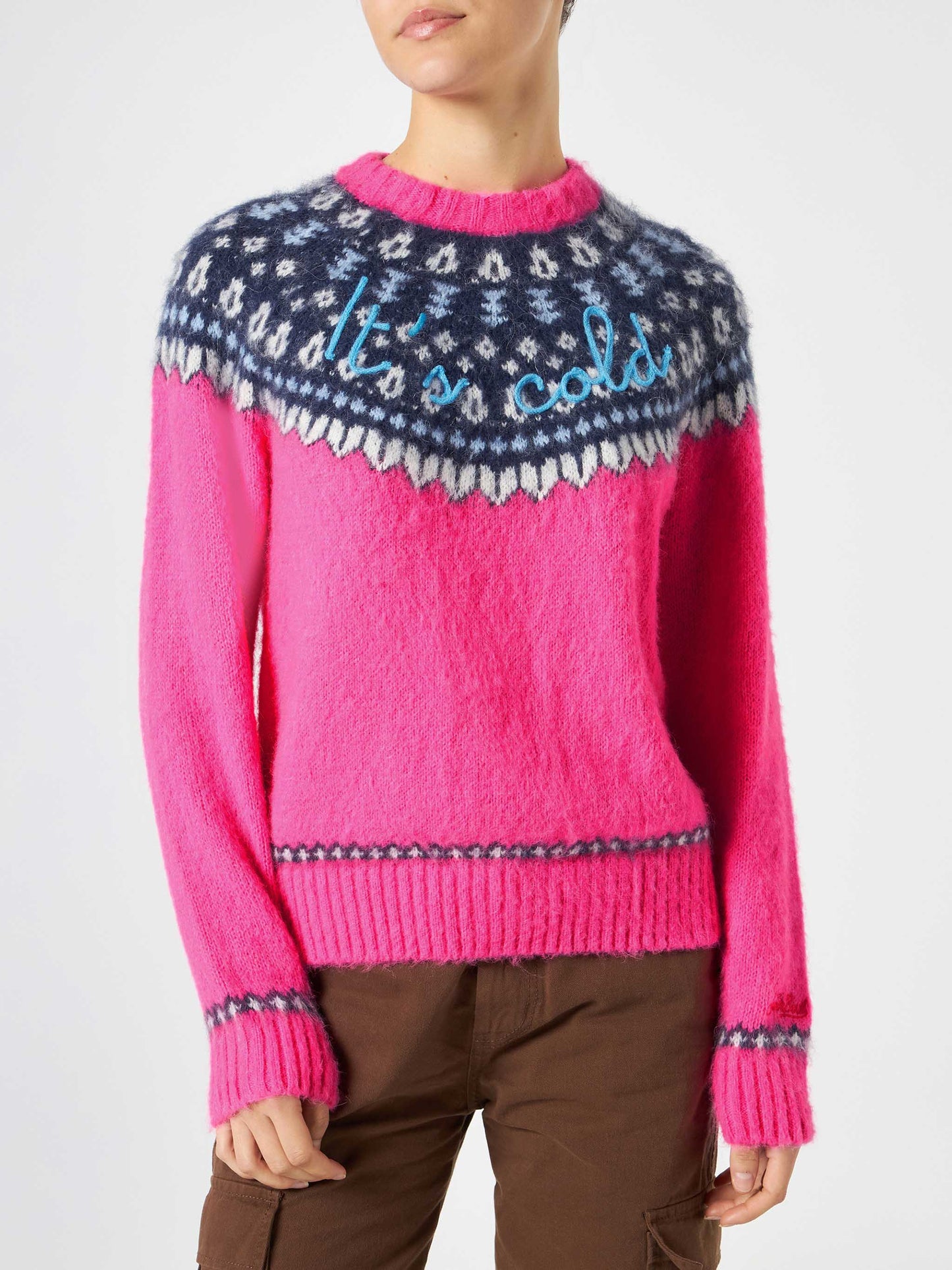 Woman fluo pink crewneck nordic jacquard sweater - MC2 Saint Barth