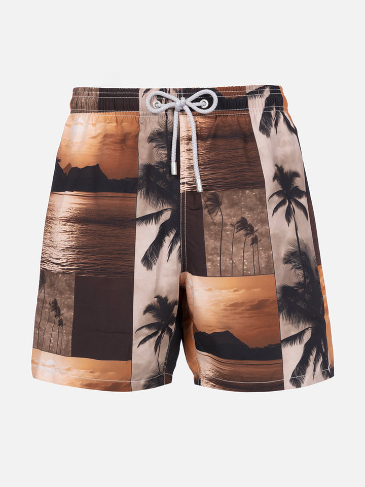 Man mid-length Gustavia swim-shorts with photo sunset print | AI CO-CREATED DESIGN BY RICKDICK - POWERED BY RED-EYE - MC2 Saint Barth