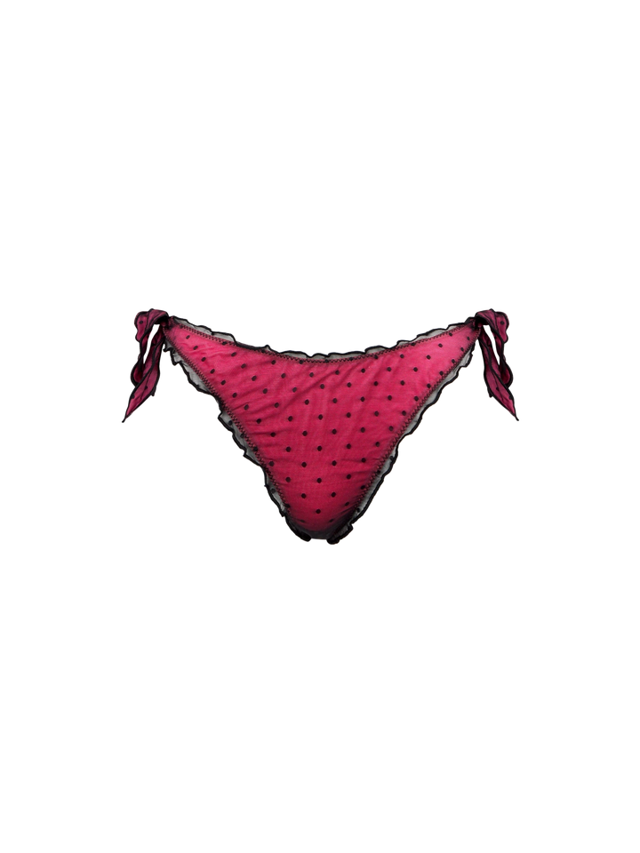 Bikini fucsia lucido con tulle nero a pois