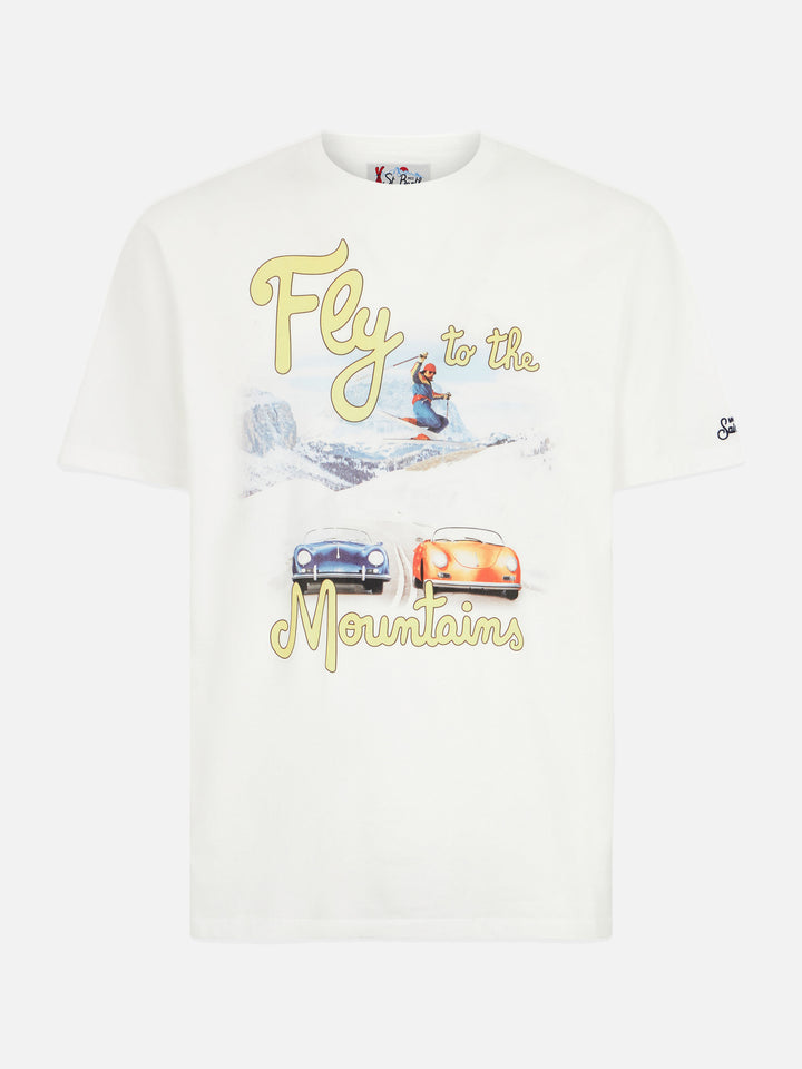 T-shirt da uomo in cotone pesante con stampa montagne e automobili