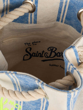 Rucksack aus Bootssegeltuch mit weißen und hellblauen Streifen