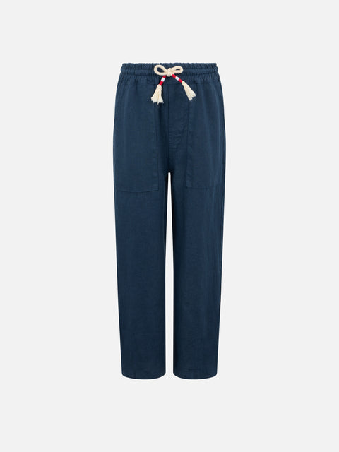 Boy navy blue linen Calais Jr pants with drawstring - MC2 Saint Barth