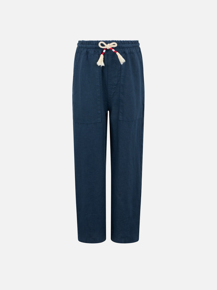 Boy navy blue linen Calais Jr pants with drawstring - MC2 Saint Barth