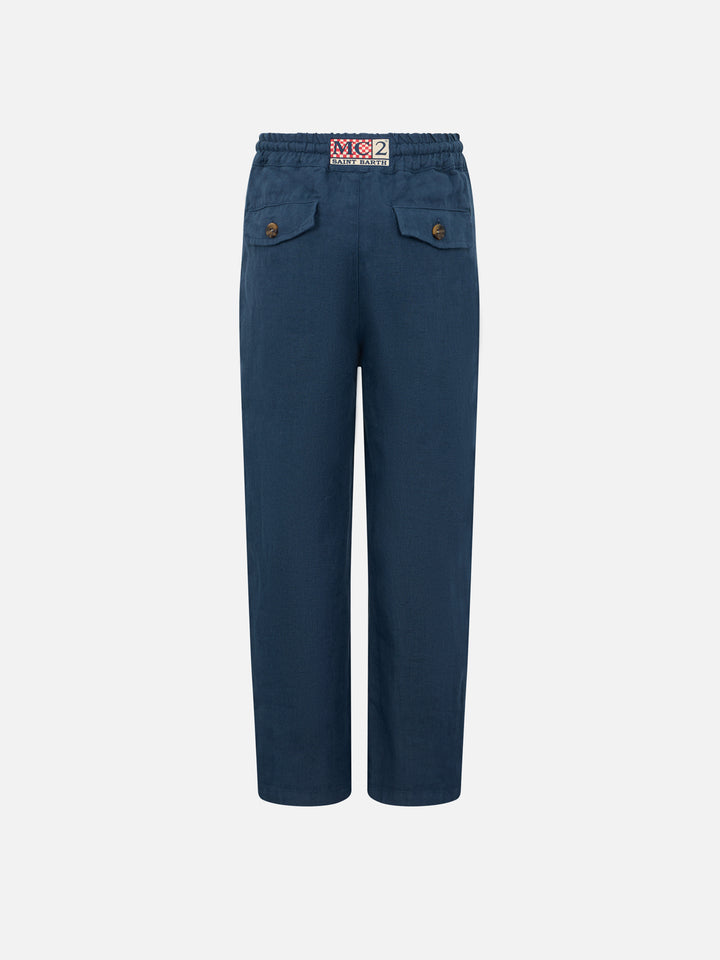 Boy navy blue linen Calais Jr pants with drawstring - MC2 Saint Barth