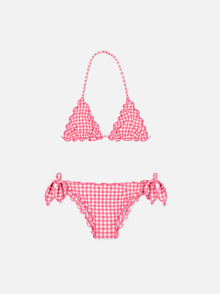 Bikini da bambina a triangolo con stampa vichy rosa