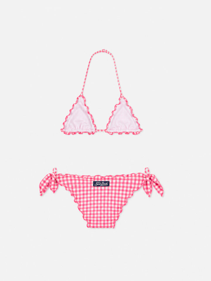 Bikini da bambina a triangolo con stampa vichy rosa
