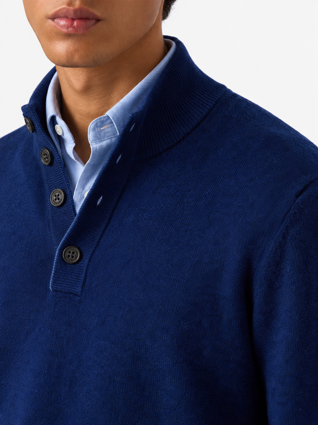 Pullover mit halbem Reißverschluss aus marineblauer Merinowolle und Kaschmir 
