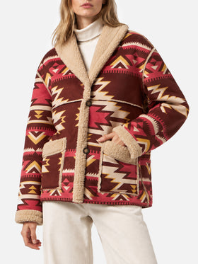 Manteau réversible en shearling Dorys beige avec motif ethnique 